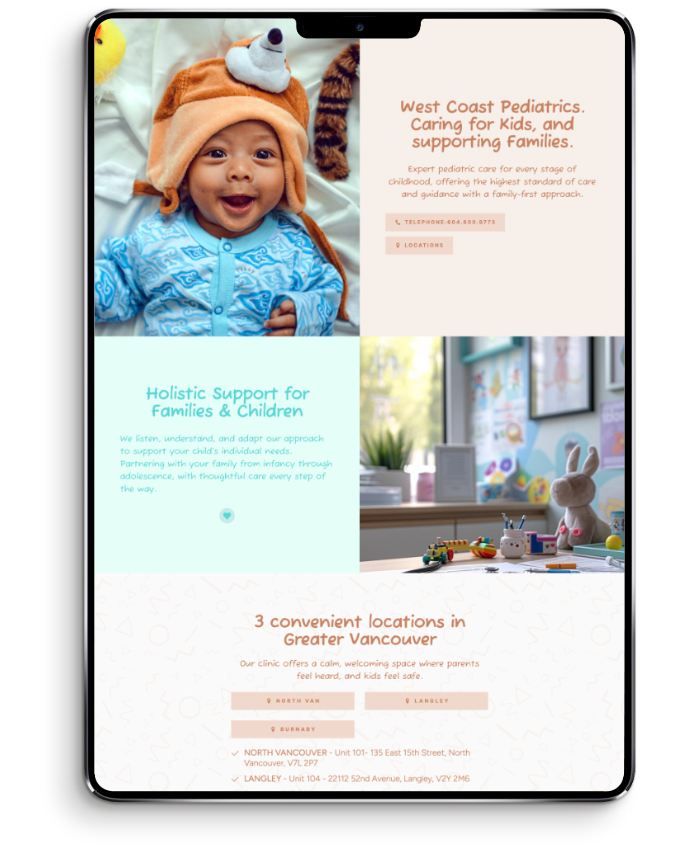 Essentials Tablet showing West Coast Pediatrics website